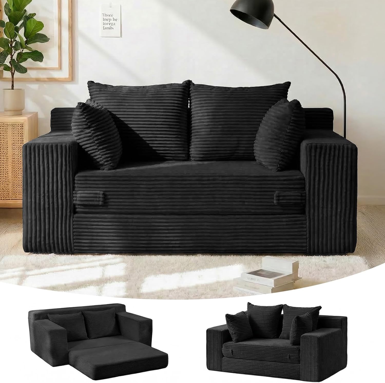 55 Small Boneless Couch, 3-in-1 Boneless Loveseat Sleeper Sofa Bed Convertible Sofa Bed with 4 Pillows, Black Corduroy Boneless Couch for Living Room, Guest Room, Small Space, No Assembly Required