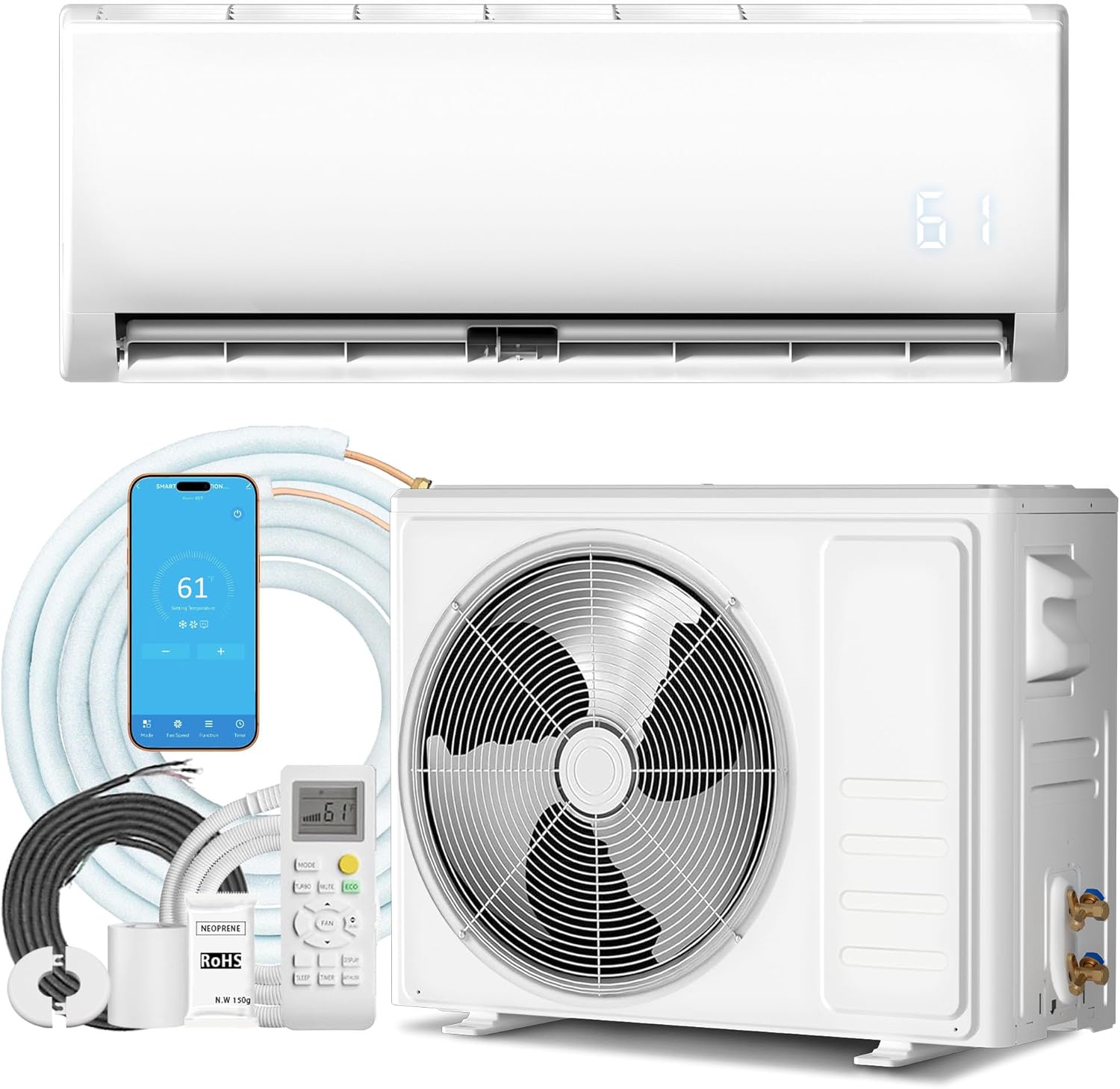 9000 BTU Wifi Enabled Mini Split Air Conditioner, Works with Alexa, 19 SEER2 115V Split AC Unit and Heat Cool Up to 450 Sq.Ft, Ductless Inverter System with Heater Pump & Installation Kits