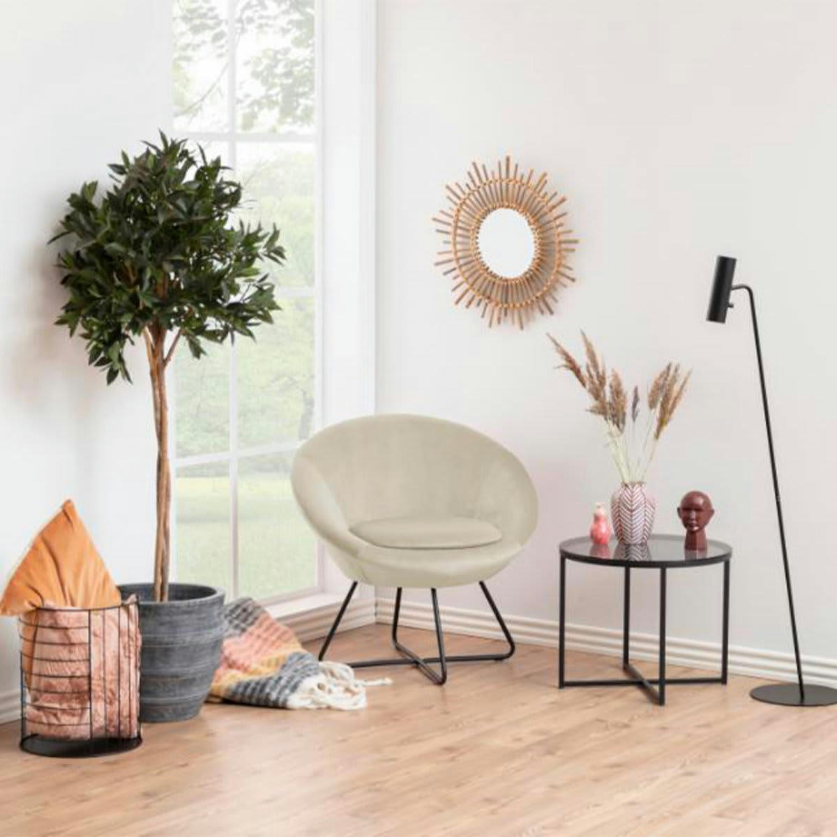 CENTIX - Fauteuil rond en velours pieds métal noir blanc