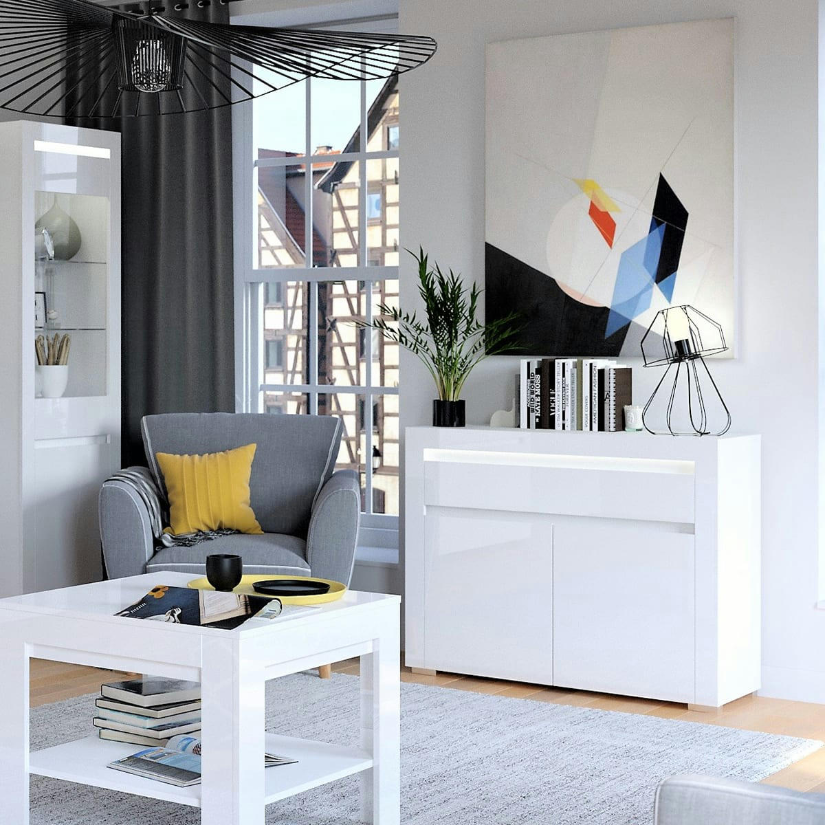 - Buffet 2 portes 1 tiroir LED inclus stratifiés blanc