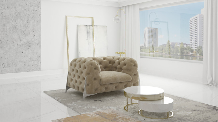 Ropez Miami fotel pikowany welur beżowy wysokie nóżki