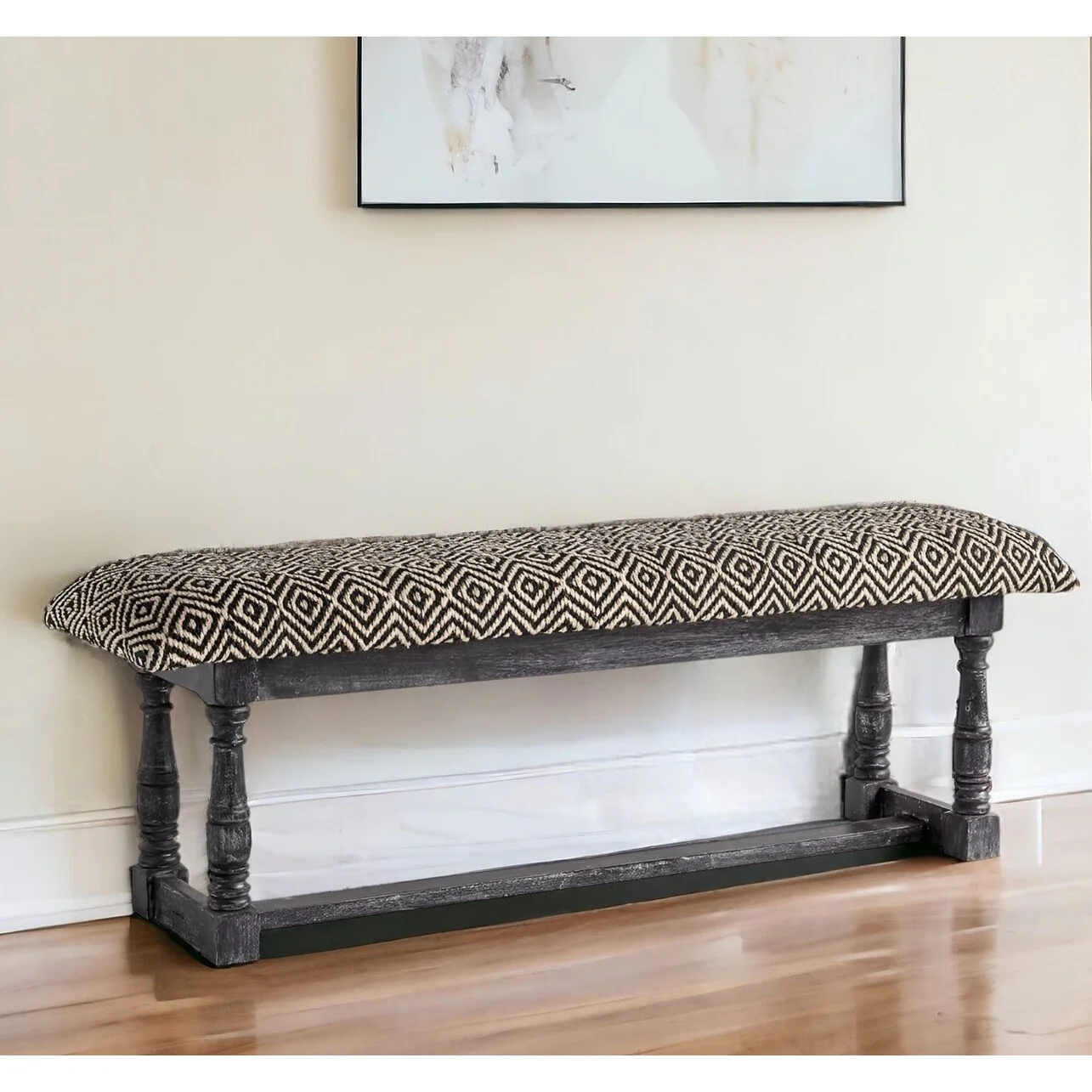 Cotton Blend Upholstered Bench 56 Inch Grey Legs for Entryway - 56” x 15” x 19”