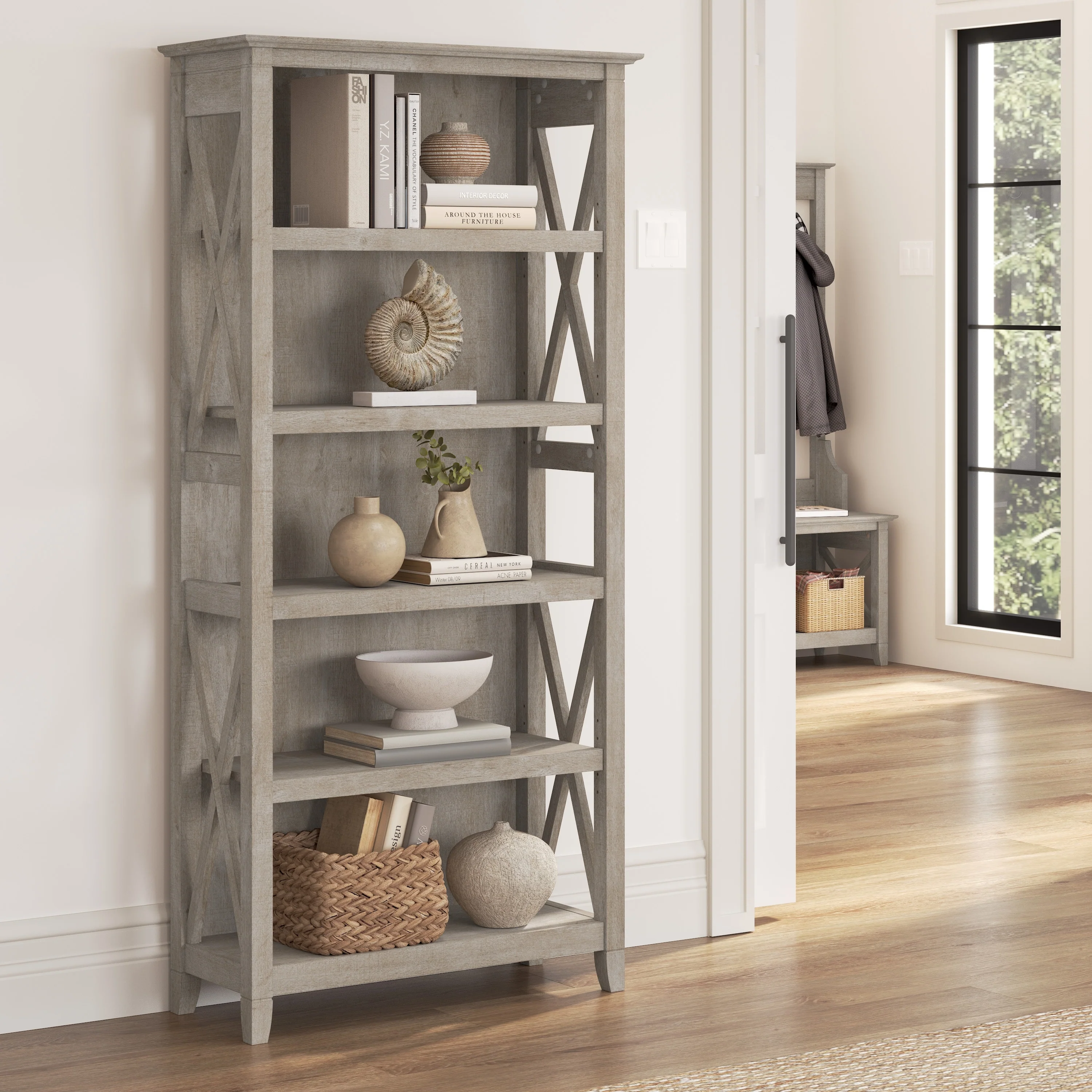 Bush Furniture Key West Tall 5 Shelf Bookcase with Adjustable Shelves