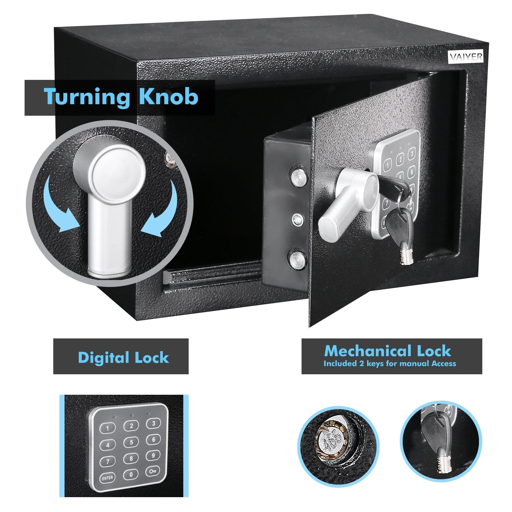 Vaiyer Home and Office Electronic Safe Box with Keys, Money Lock Boxes, Steel Alloy Safety Boxes for Home, Office, Hotel Rooms