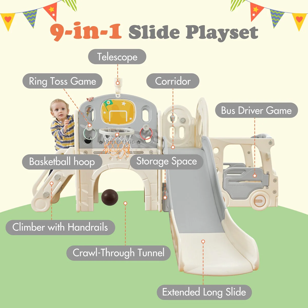Kids Slide Playset Structure 9 in 1,Climbing Playhouse with Slide,Arch Tunnel,Ring Toss,Bus Model,Basketball Hoop,Toy Storage