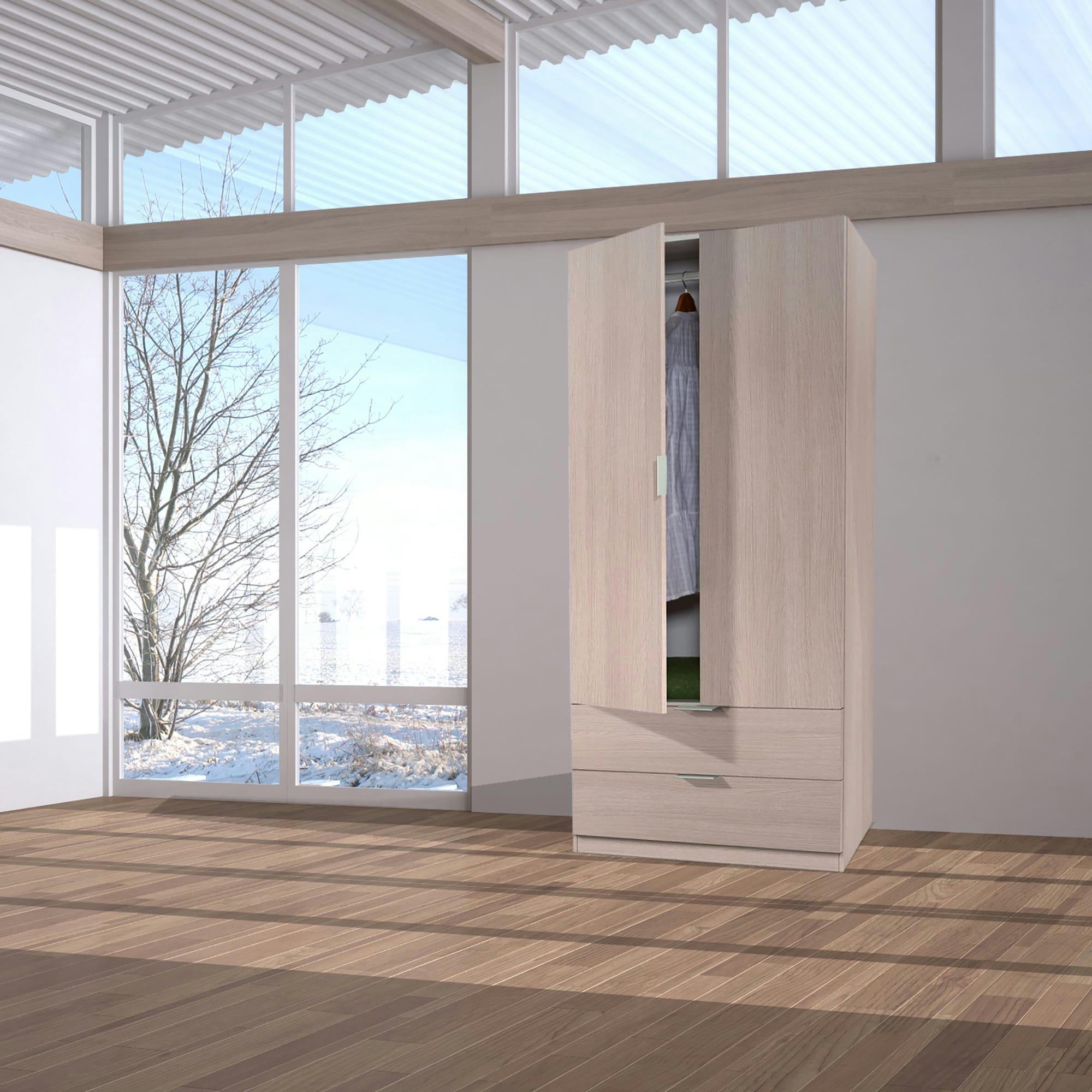 BURBANK - Garde-robe avec 2 portes et 2 tiroirs effet bois chêne