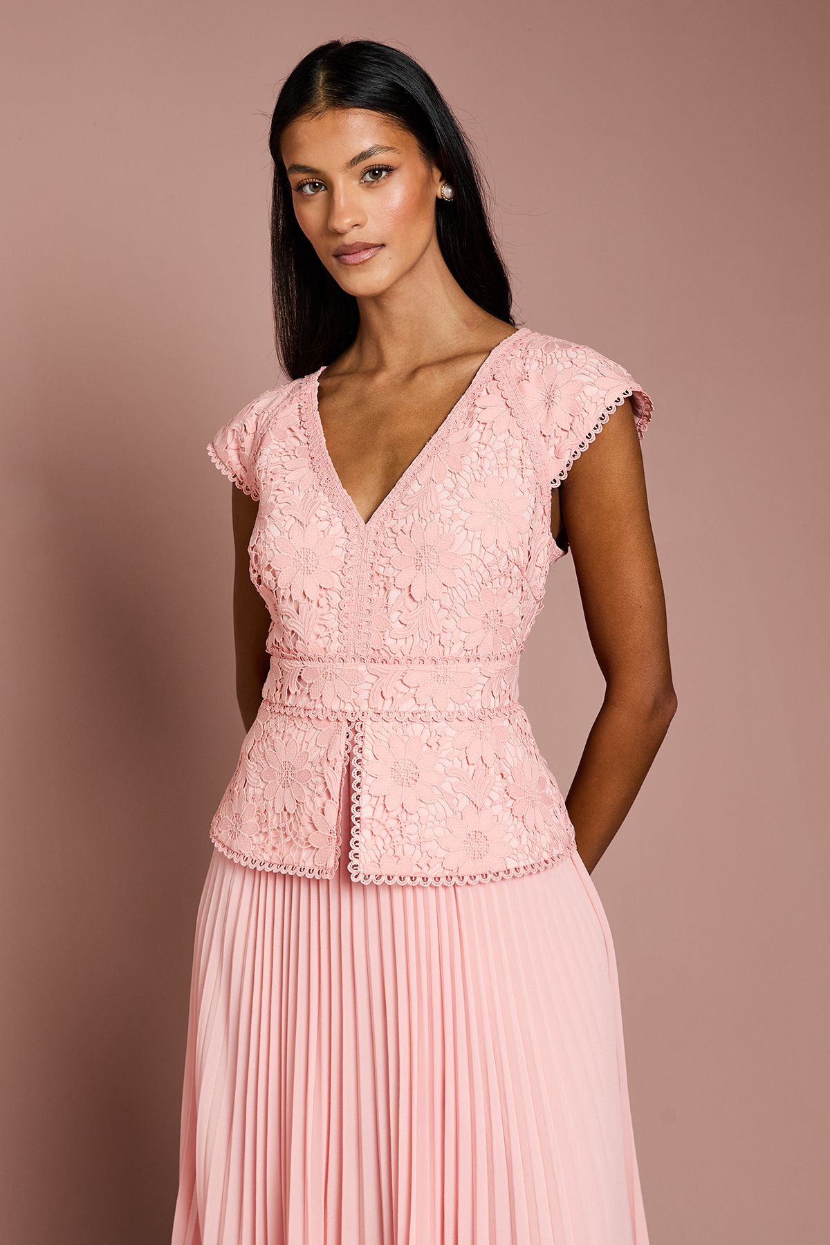 Coast Petite V Neck Lace Bodice Peplum Midi Dress