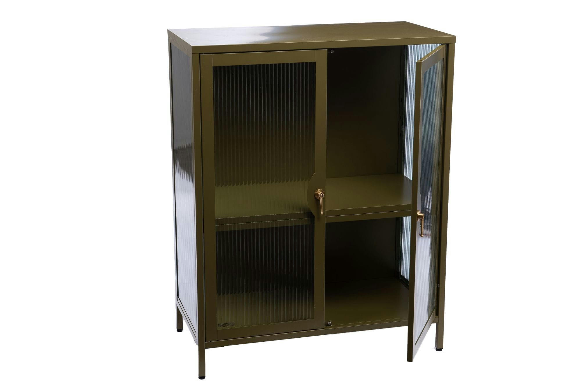 OLIVA - Buffet contemporain en métal vert kaki et en verre 2 portes