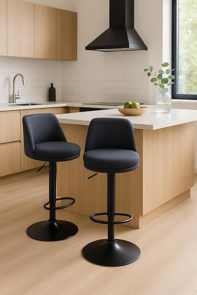 Lot de 2 tabourets de bar, assise ronde, haut dossier, réglable, pivotant rif (noir)