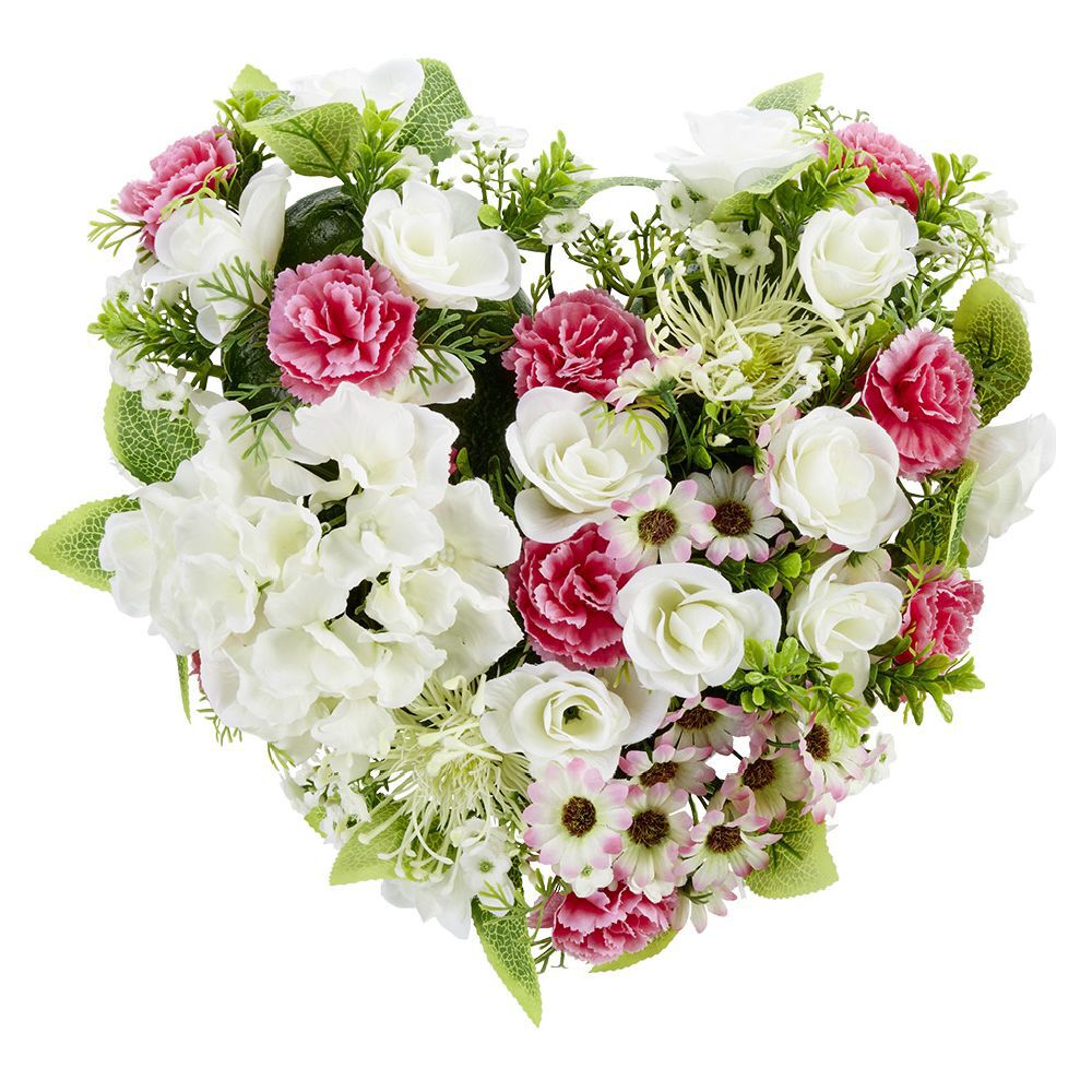 Coussin de fleurs forme coeur - Fleurs artificielles variées - Blanc