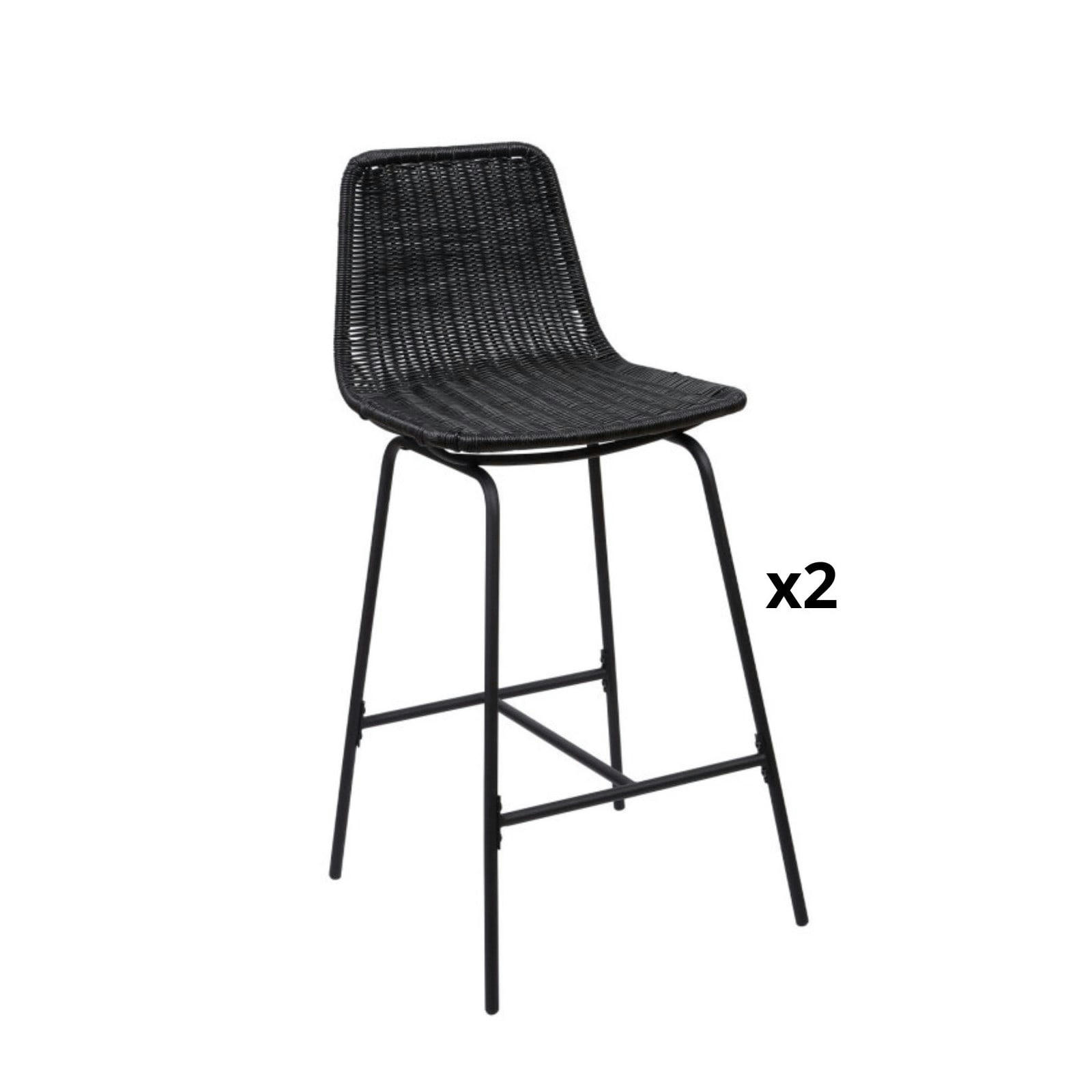 KUTA - Lot de 2 tabourets de bar en métal et rotin noir 65 cm KUTA