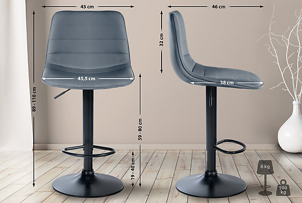 Lot de 2 tabourets bar pivotants réglables, similicuir, structure métallique Métalnoirmat/Gris