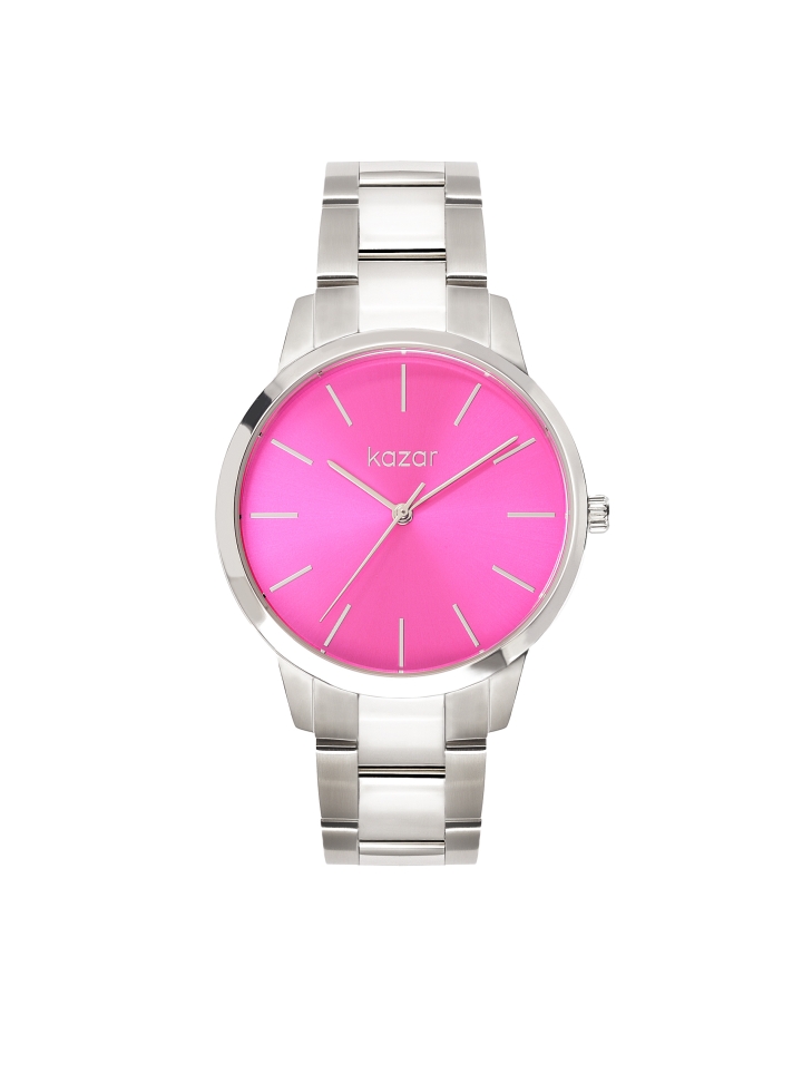 Silver watch with pink dial
