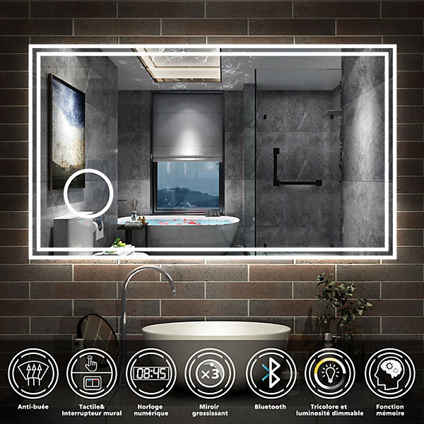 Miroir de salle de bain LED 140x80cm Tricolor anti-buée avec bluetooth simple, horloge et miroir grossissant 3x, AICA SANITAIRE