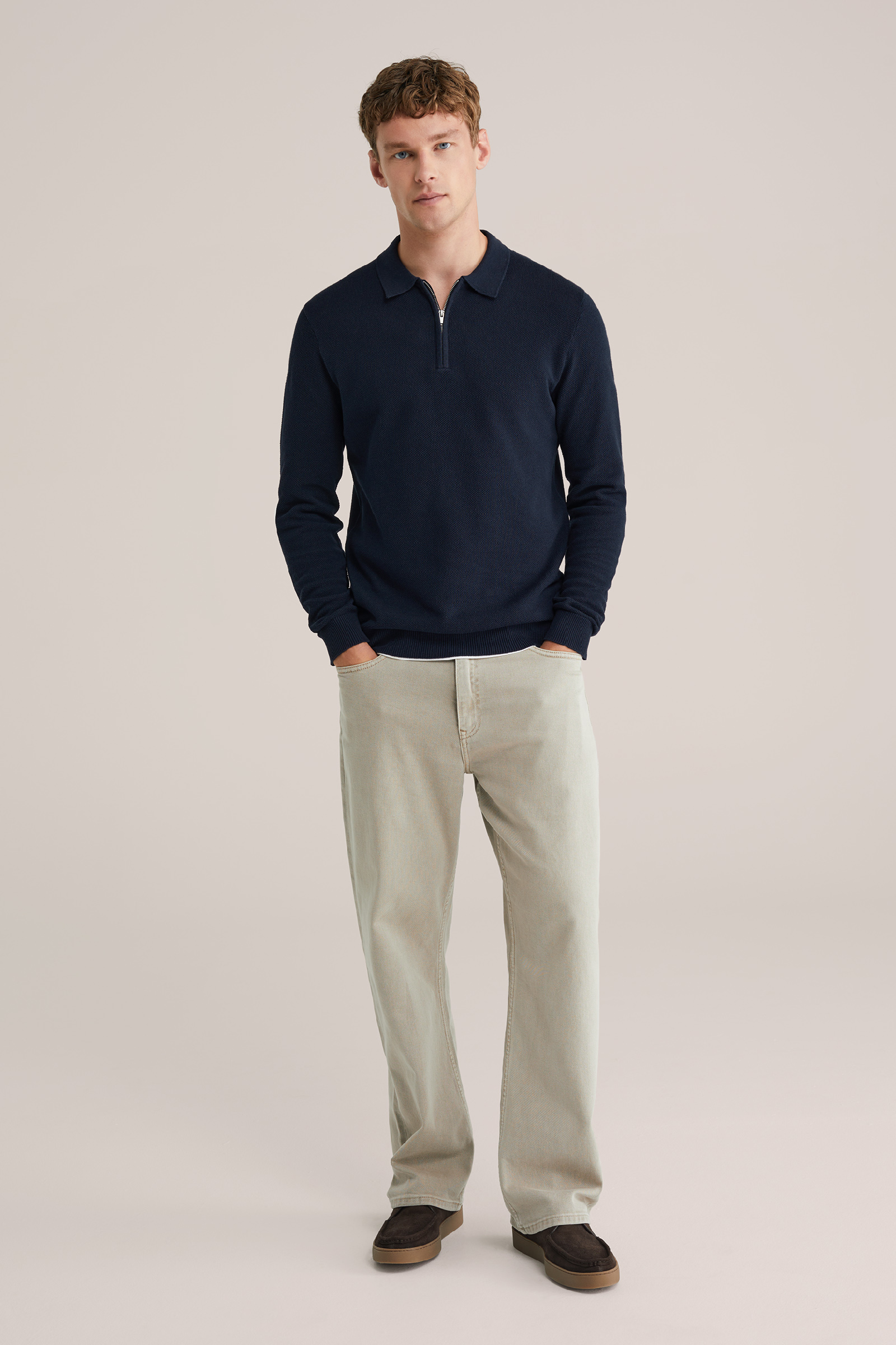 Heren regular fit trui van pique met quarter-zip