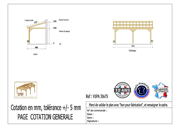 Carport adossé une pente 300cmx750cm, bois DOUGLAS Français (Charpente en bois-auvent-abri voiture) 23 m². Garantie 10 ans
