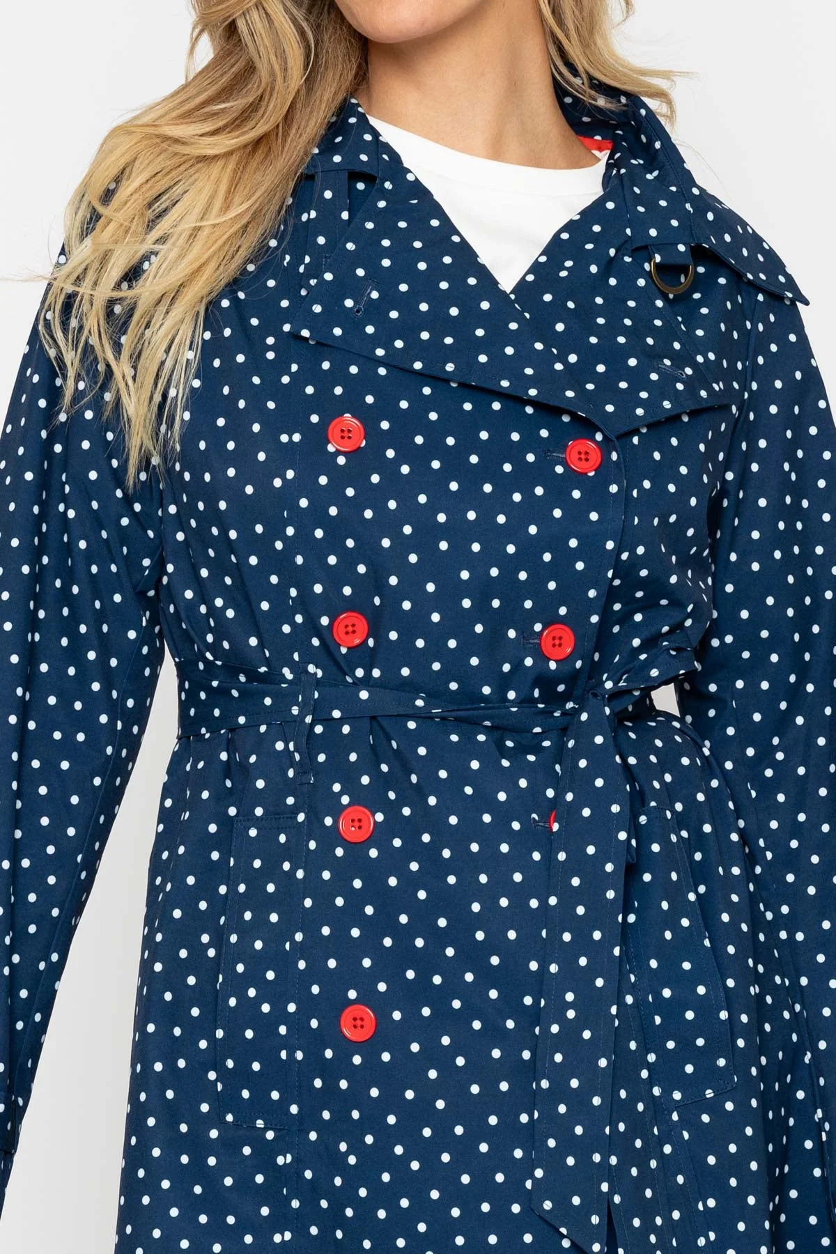 Navy Spot Trench Coat With Contrast Buttons