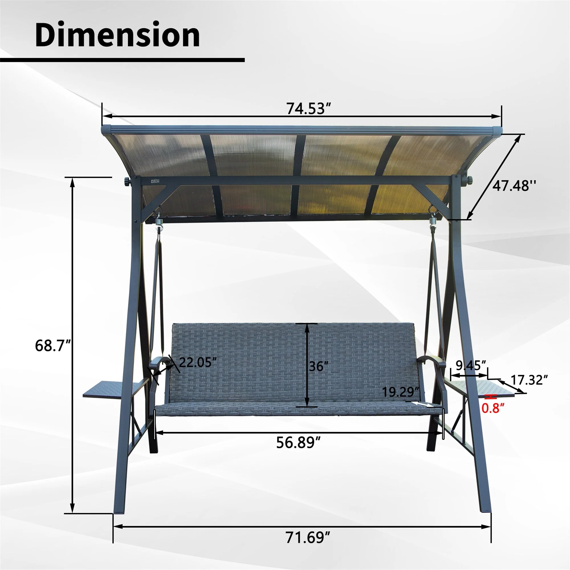 3-Seat Outdoor Porch Swing w/Adjustable Polycarbonate Hardtop and Side Table, Wicker Patio Swing Chair Bench with Steel Frame