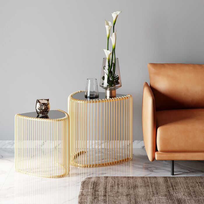 Kare Design Wire Bijzettafel Triangle - Set Van 2 - Messing Met Glas