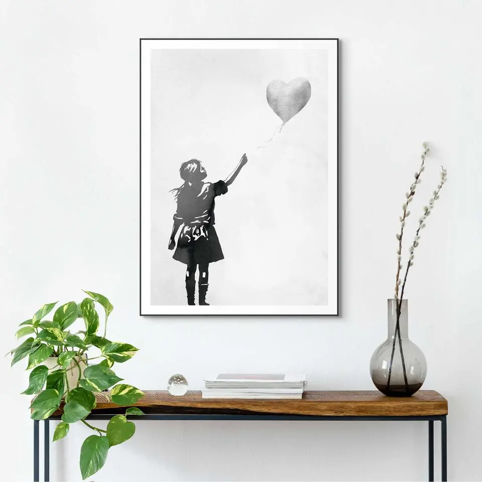 Schilderij Meisje met de ballon - 70 x 50 - Zwart-Wit
