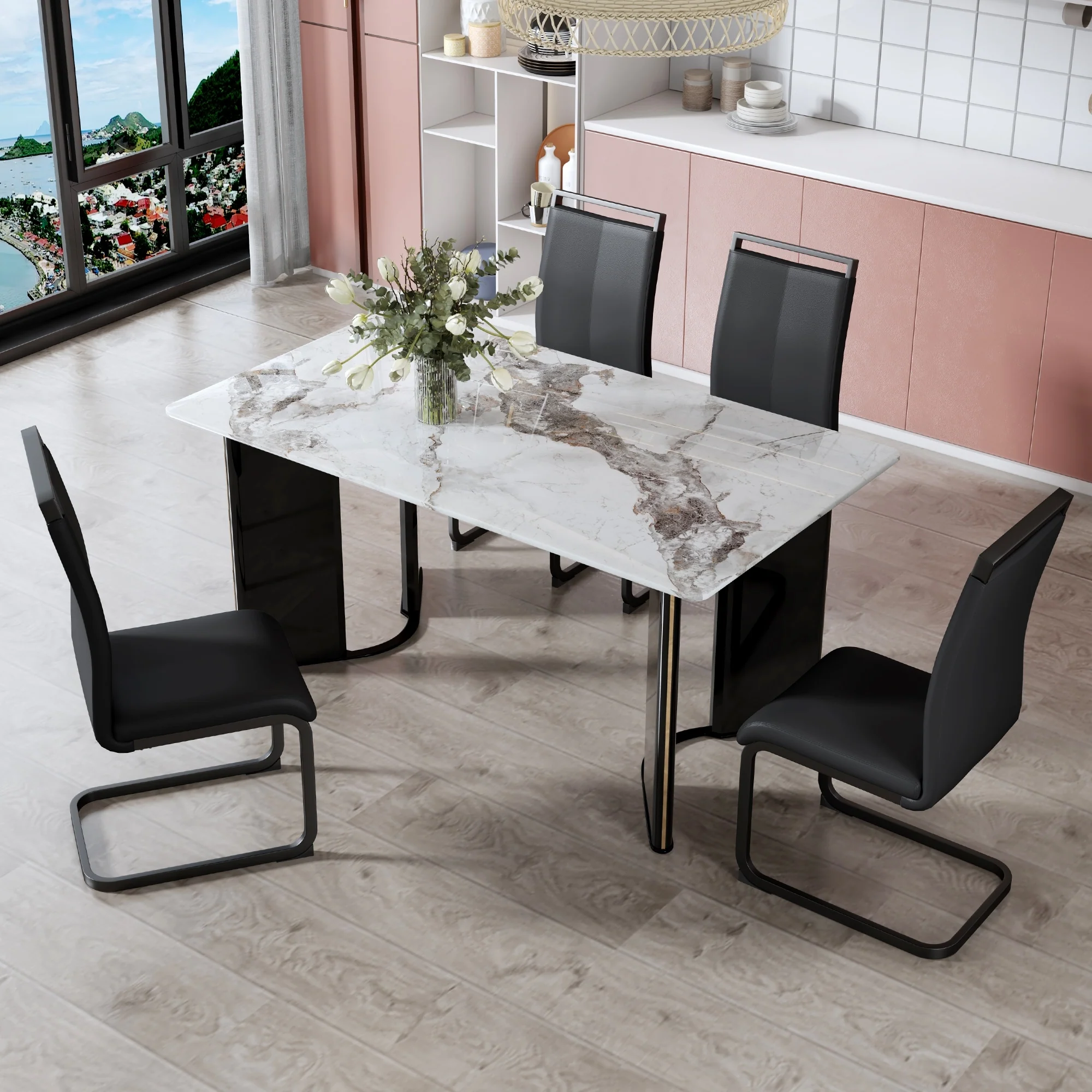 Modern Style Dining Set with Rectangular Gold Metal Decorative Strips Table and High Back Dining Chairs