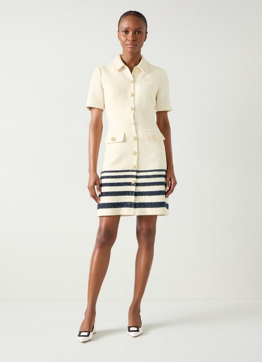 Bellmer Cream & Spring Navy Stripe Placement Tweed Dress