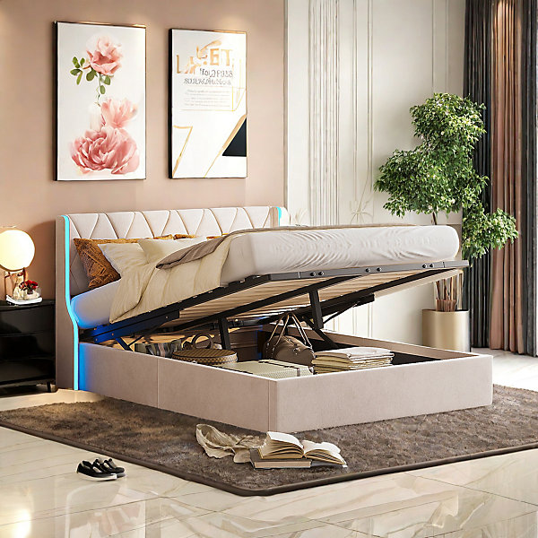 Lit Coffre beige 140x190 cm, Lit Double avec Rangement, Lits pour Adulte Coffre,avec LED Tete de lit Tissu Velours