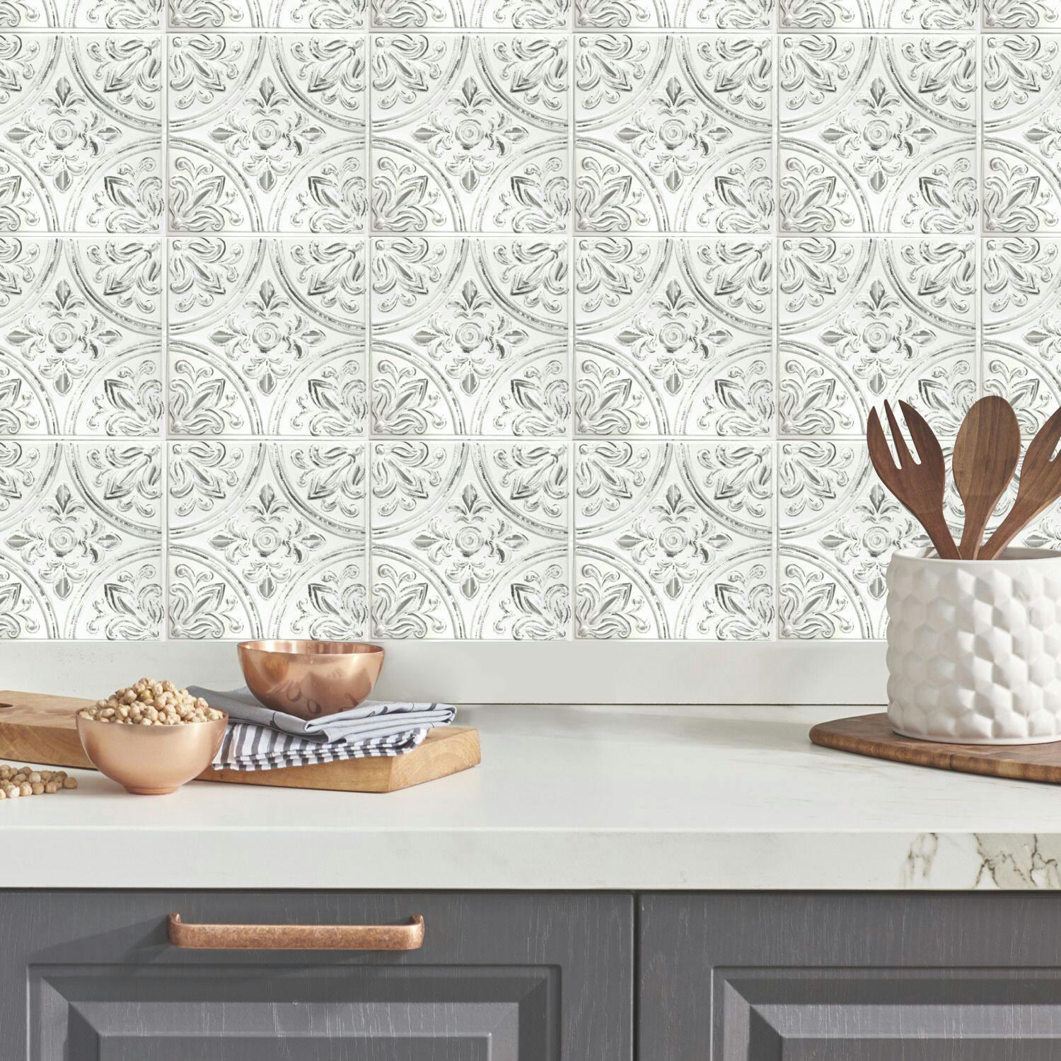 Roommates Peel & Stick Self-Adhesive DIY Backsplash Tin Tile, Bright White