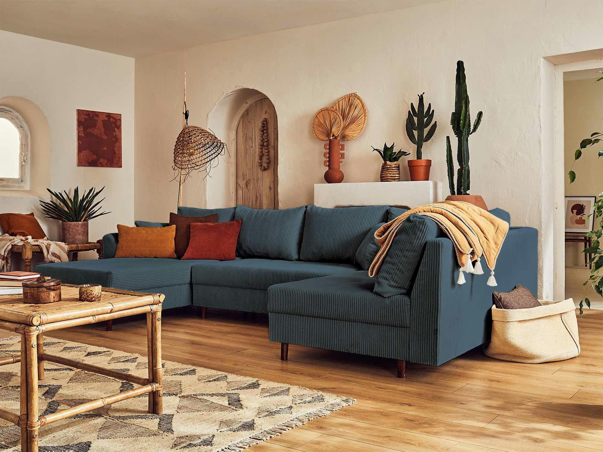 RUNE - Canapé d'angle droit 7 places en velours côtelé bleu nuit