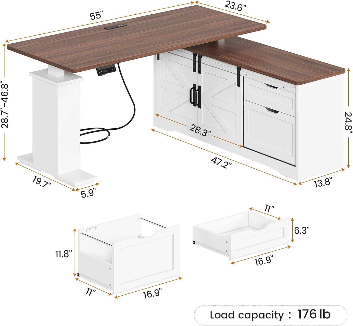SEDETA Farmhouse L Shaped Standing Desk, 55 inch Height Adjustable Corner Desk with Storage Drawers, Standing Computer Desks with Power Outlets for Home Office, White