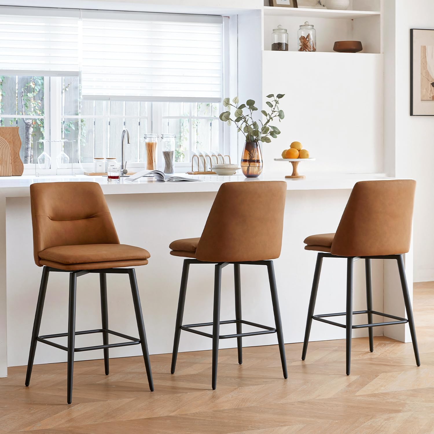 Brown Counter Height Bar Stools Set of 3, 26 Inch Seat Height with Back and Metal Legs, 360° Swivel Upholstered Faux Leather Swivel Bar Stools