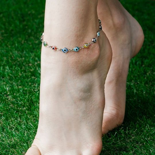 The Colourful Aura Silver Colourful Protection Greek Evil Eye Beaded Indian Nazaria Payal Anklet
