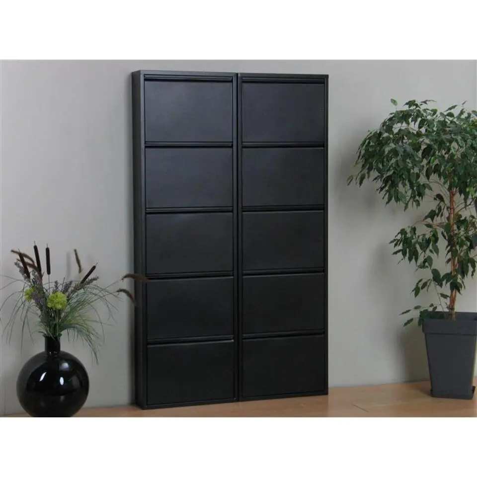 Hioshop Pisa schoenenkast zwart metaal met 5 vakken - set van 2