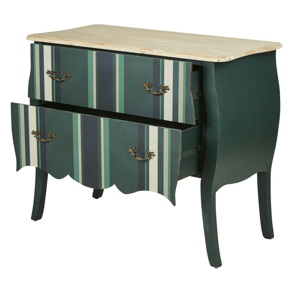 Anzolo - Commode 2 tiroirs en bois bleu vert, imprimé lignes verticales 96x80
