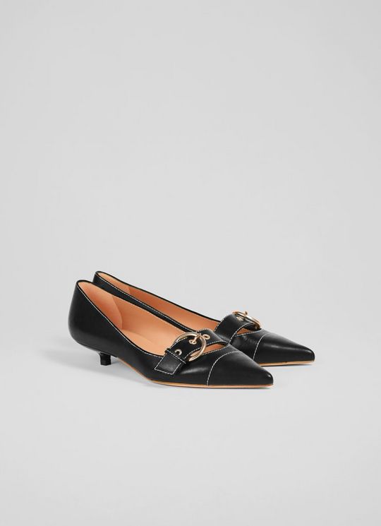 Lianna Black Leather Kitten Heel Courts