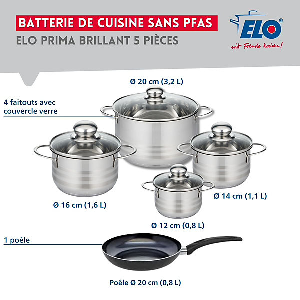 Ensemble de 1 Poêle de cuisson 20 cm et 4 faitouts 12, 14, 16 et 20 cm Elo Prima Brillant
