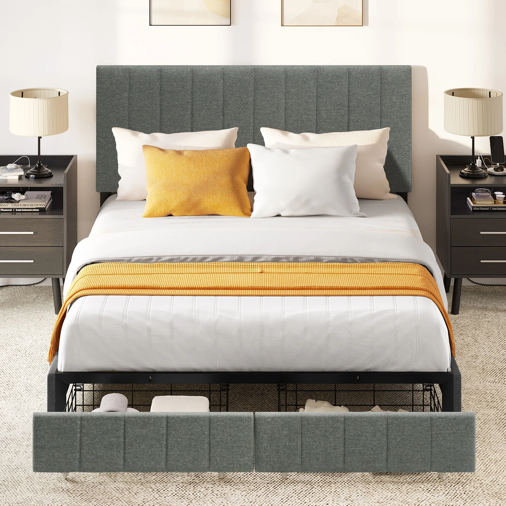 Modern Queen Grey Upholstered Bed Frame with Storage Drawers