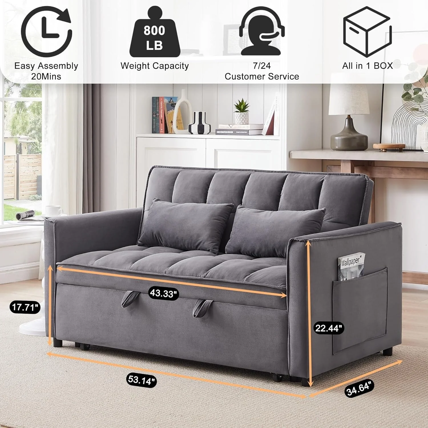 3 in 1 Convertible Sleeper Sofa Bed - Velvet Futon Couch with Adjustable Backrest, Side Pocket & Pull Out Function, Dark Gray