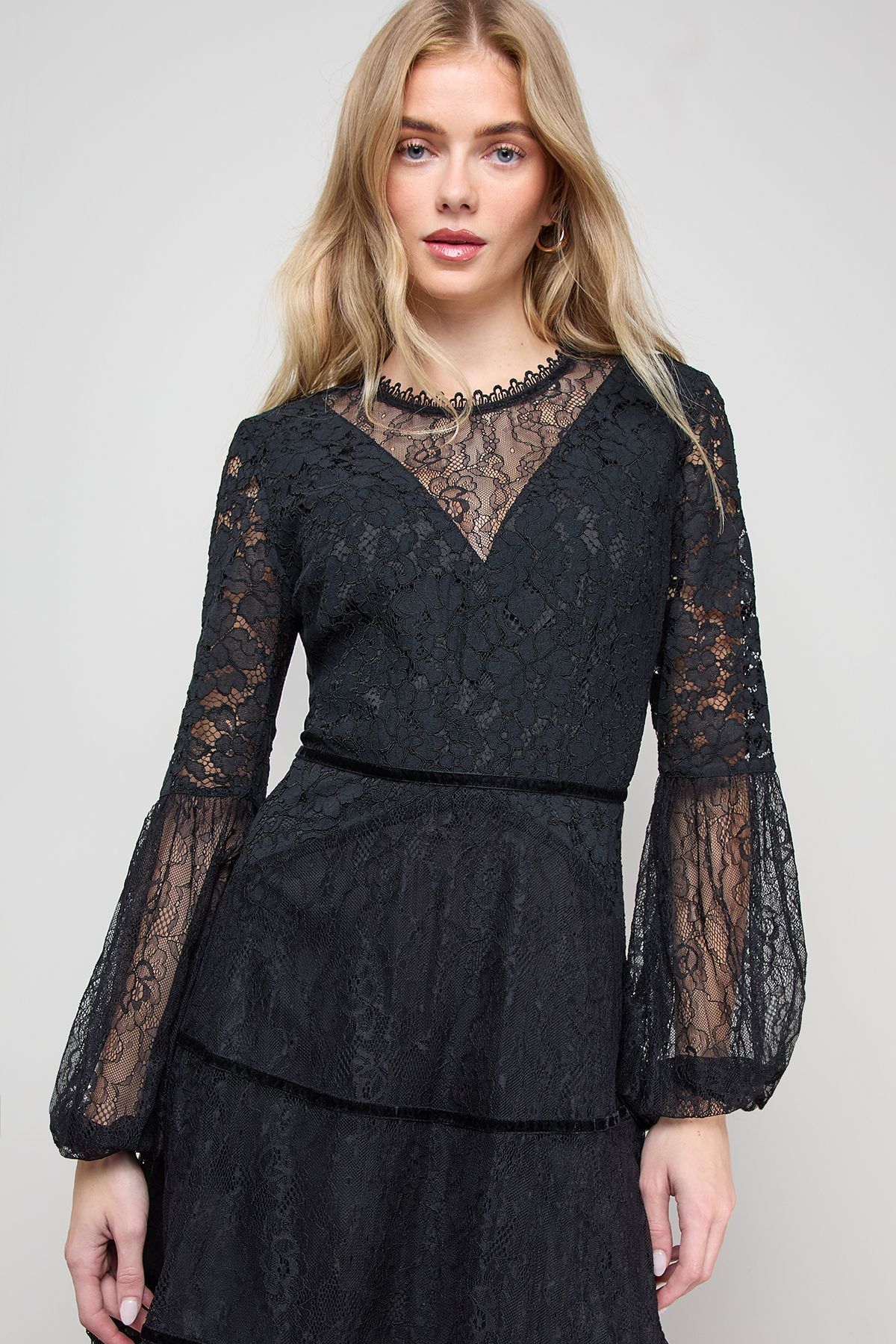 Oasis Mesh Lace Mix Balloon Sleeve Mini Skater Dress