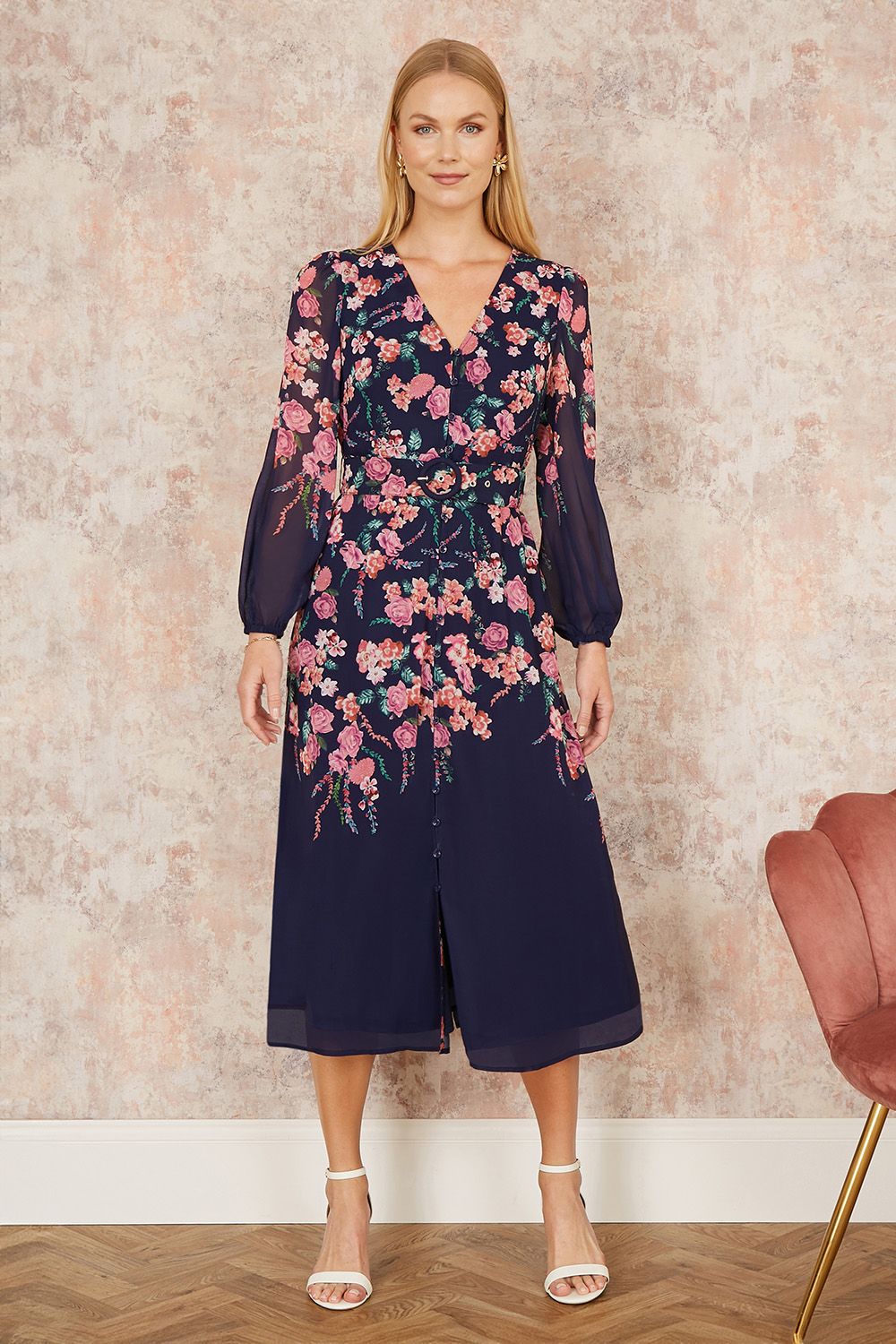 Yumi Navy Button Up Midi Dress With Floral Placement And Long Sleeves