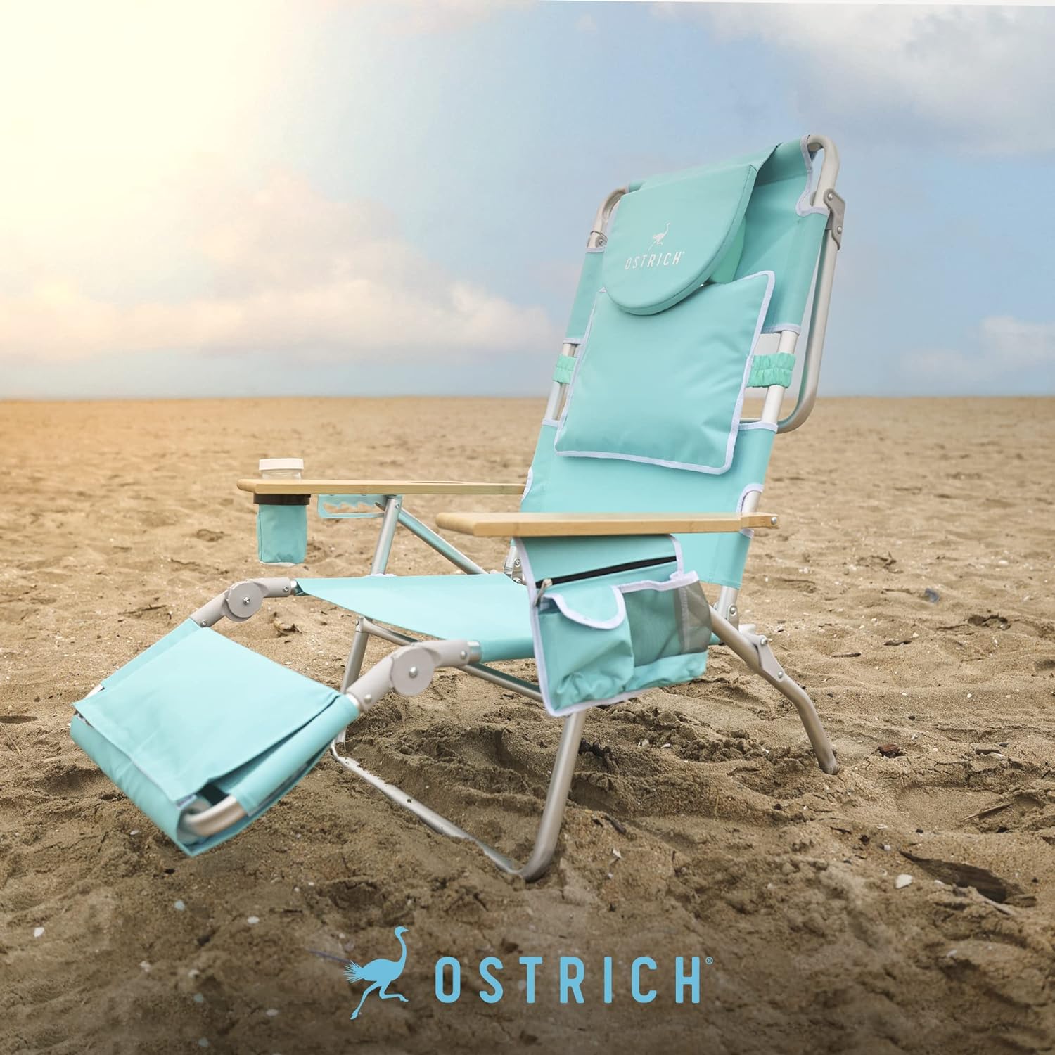Deluxe 3 in 1 Beach Chair with Face Opening - Portable, Reclining Lounger for Tanning - Face Hole for Reading on Stomach - Padded Footrest, Removable Pillow - Aluminum(Striped)