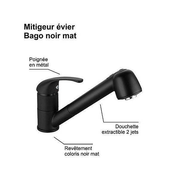 Mitigeur évier - BAGO - Douchette Extractible 2 Jets - Noir Mat - Design Classique - Installation Facile