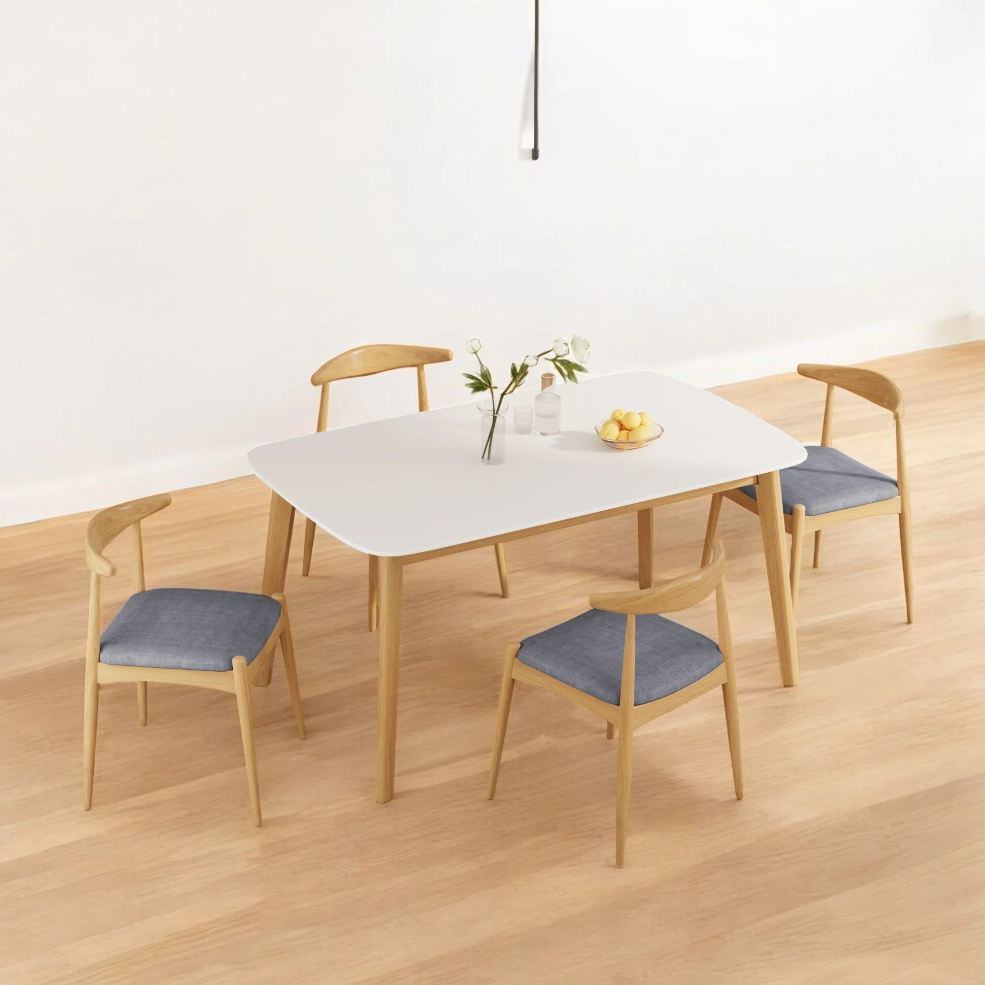 5-Piece Mid-Century Modern Dining Set with Solid Rubberwood Frame Table & Upholstered Chairs for Dining Room and Kitchen