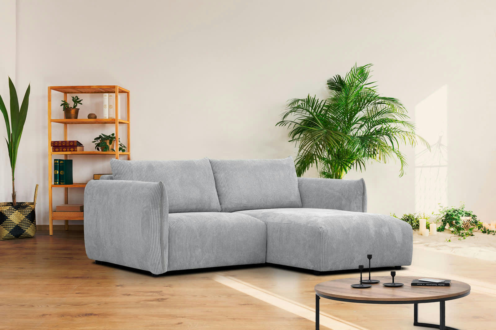 TAUER - Canapé d'angle droit 3 places tissu gris clair