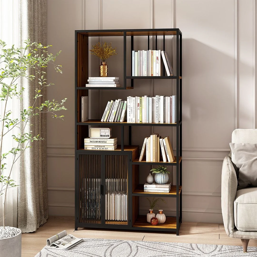 Farmhouse Metal & Wood Storage Bookshelf Display Bookcase