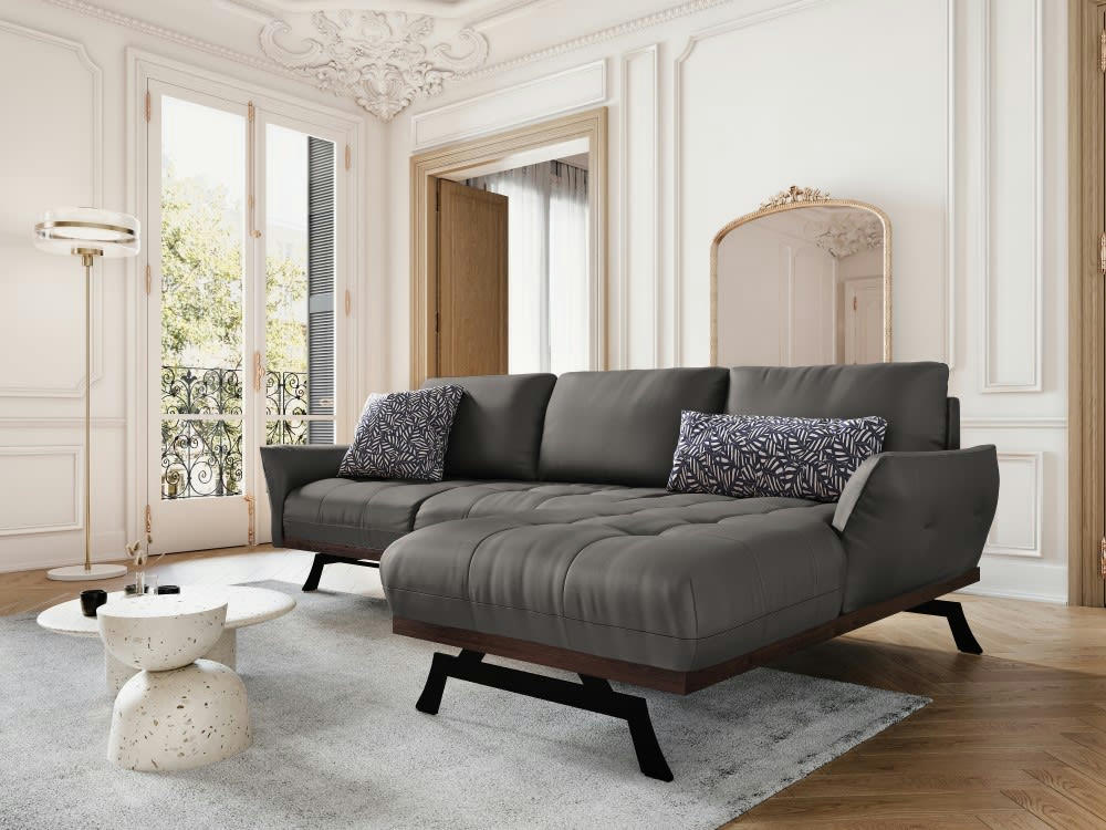 OLIVIER - Canapé d'angle 4 places en cuir gris foncé