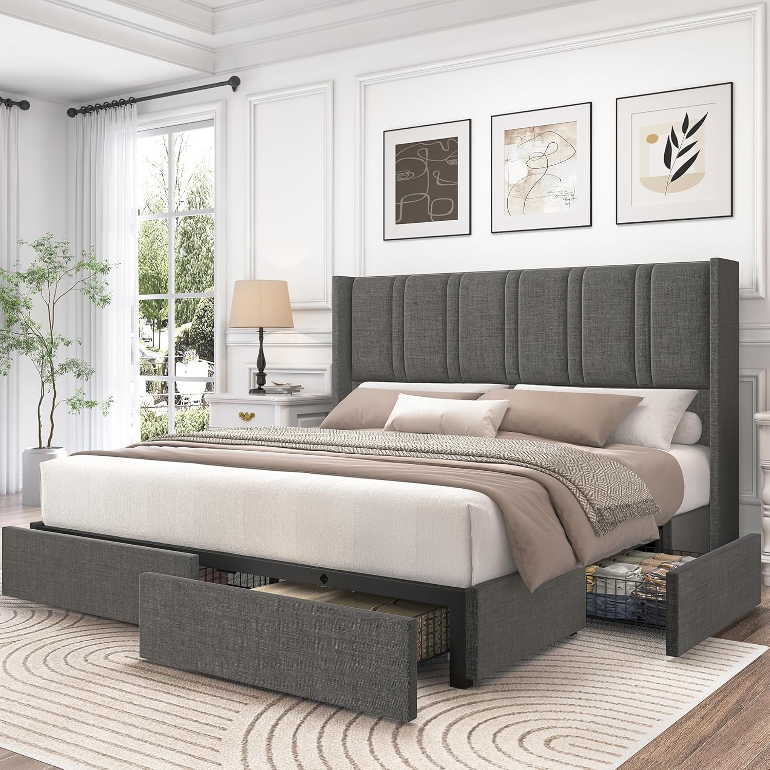 LARMACE King Size Bed Frame with Storage Drawers and Wingback Headboard, Linen Upholstered Platform Bed Frame with Wooden Slats, Easy Assembly, Light Grey