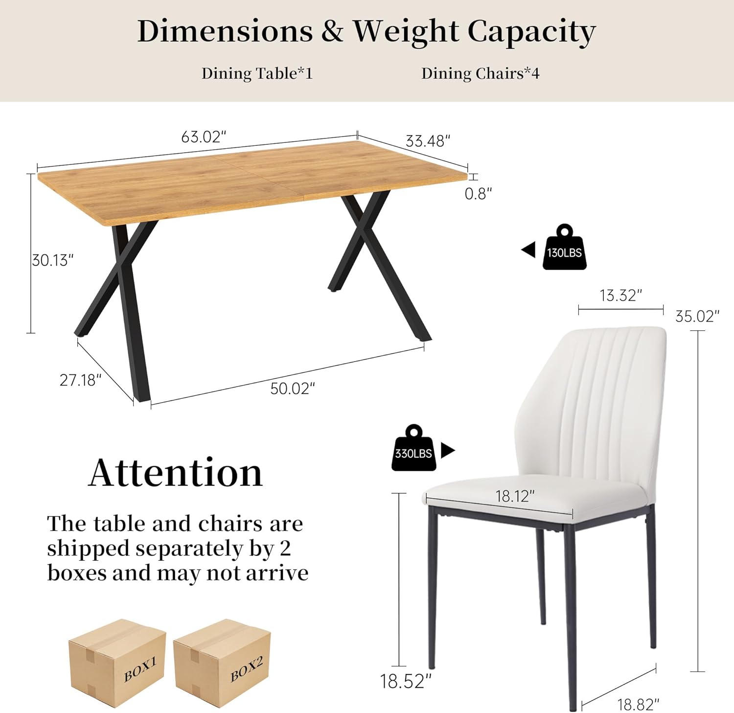 HIPIHOM 5-Piece Dining Table Set for 4-6 People, 63 MDF Kitchen Table with 4 Upholstered Chairs, Metal Legs for Dining Room, Kitchen(Oak Table+4 White Chairs)