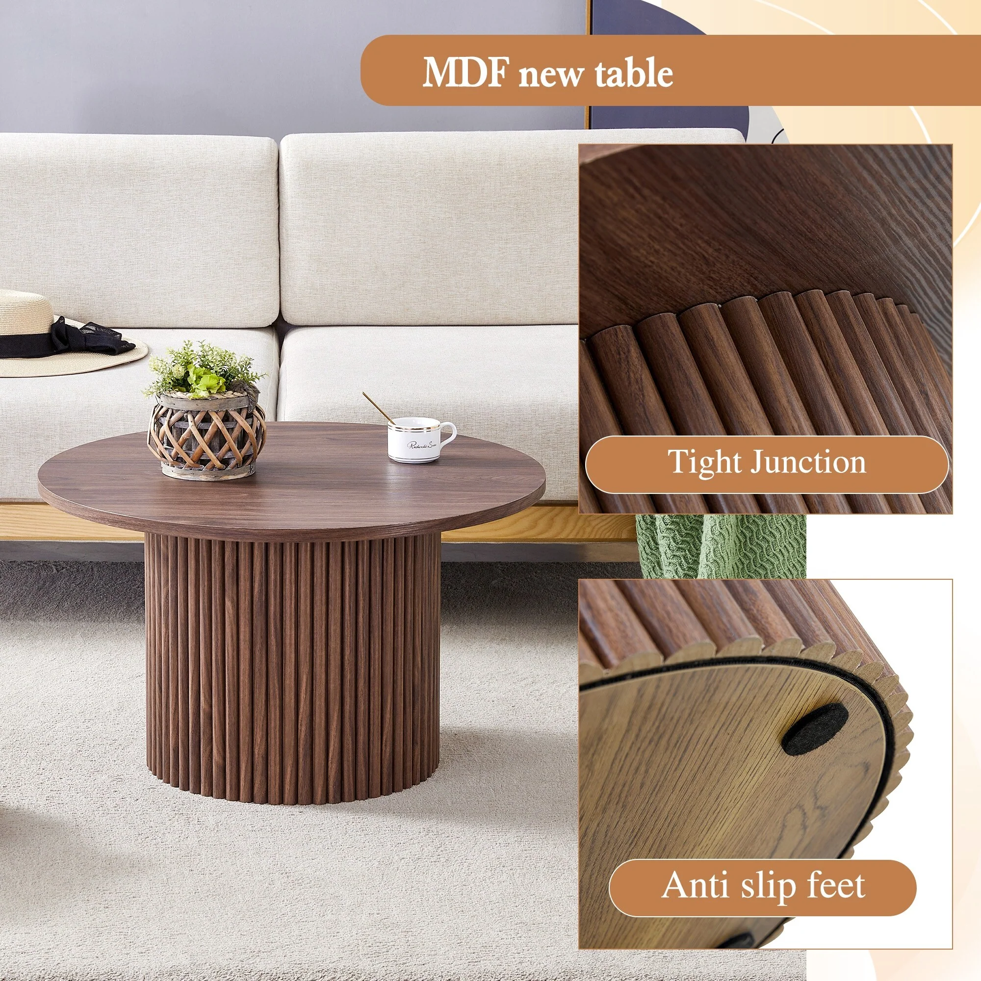 Dining Room Round Coffee Table End Table with Cylindrical Leg and Hidden Storage Dining Table