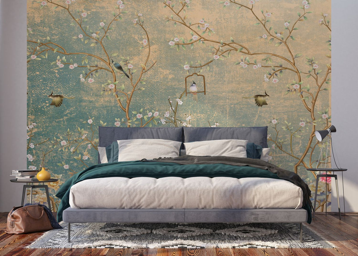 Sanders & Sanders fotobehang bloemen en vogels zeegroen - 360 x 254 cm - 601164